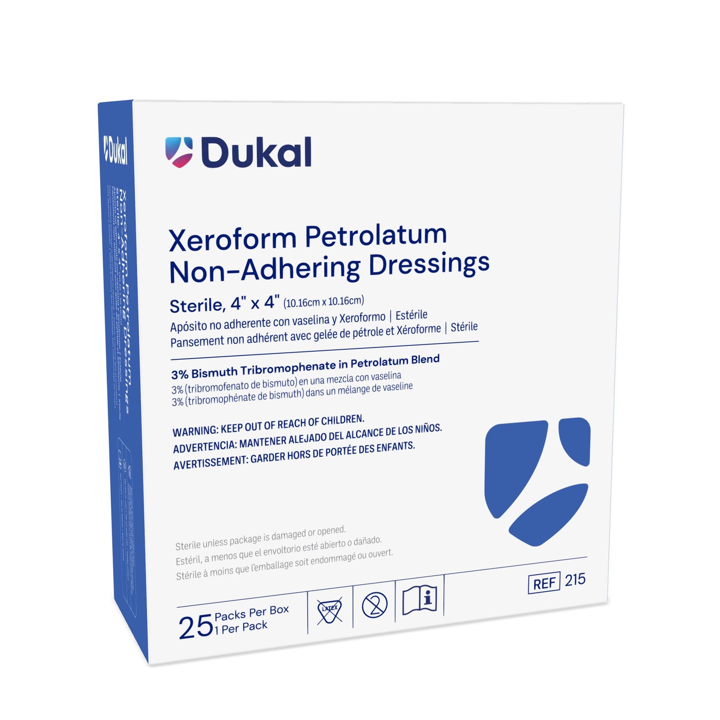 215 - Dukal® Sterile XEROFORM® Petrolatum Non-Adhering Dressings, 4" x 4", 1/pk, 25 pk/bx