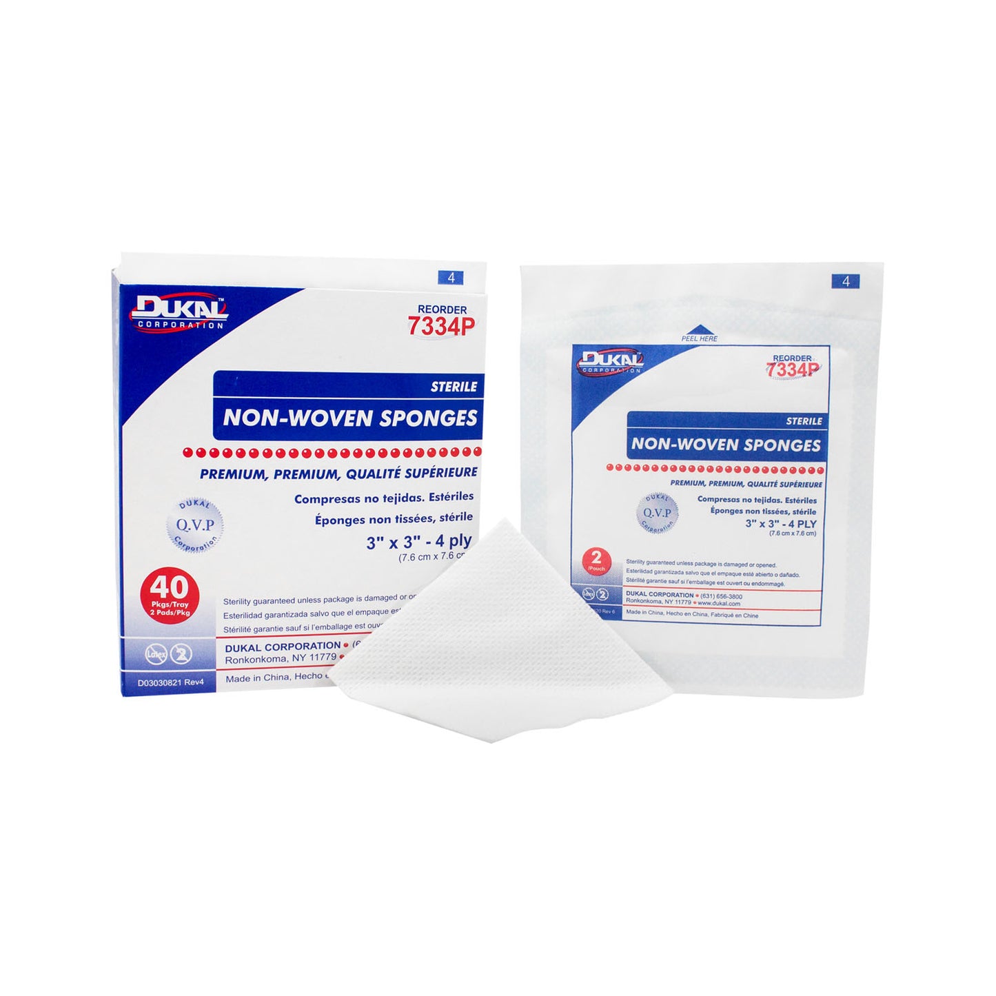7334P - Dukal Caliber™ Gauze Sponges - Premium Non-Woven, Sterile, 3" x 3", 4-Ply, 2/pk, 40 pk/bx, 30 bx/cs