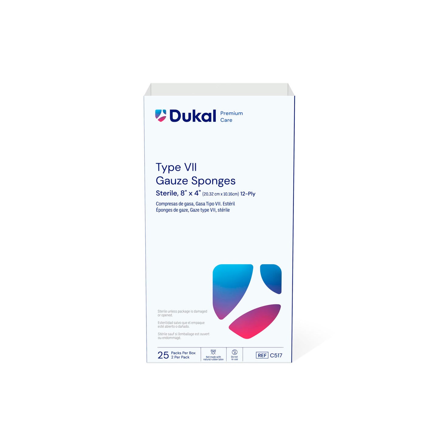 C517 - Dukal Caliber™ Gauze Sponges - Type VII, Sterile, 8" x 4", 12-Ply, 2/pk, 25 pk/bx, 20 bx/cs