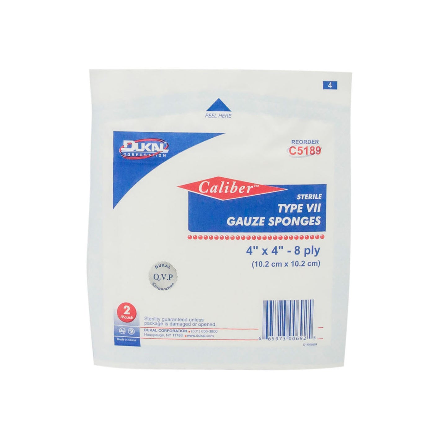 C5189 - Dukal Caliber™ Gauze Sponges - Type VII, Sterile, 4" x 4", 8-Ply, 2/pk, 50 pk/bx, 12 bx/cs