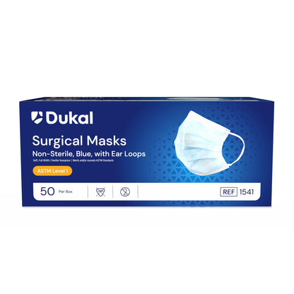 1541 - Dukal ASTM Level 1 Surgical Mask with Ear Loop, 3-Ply, Blue, 50/bx, 6 bx/cs