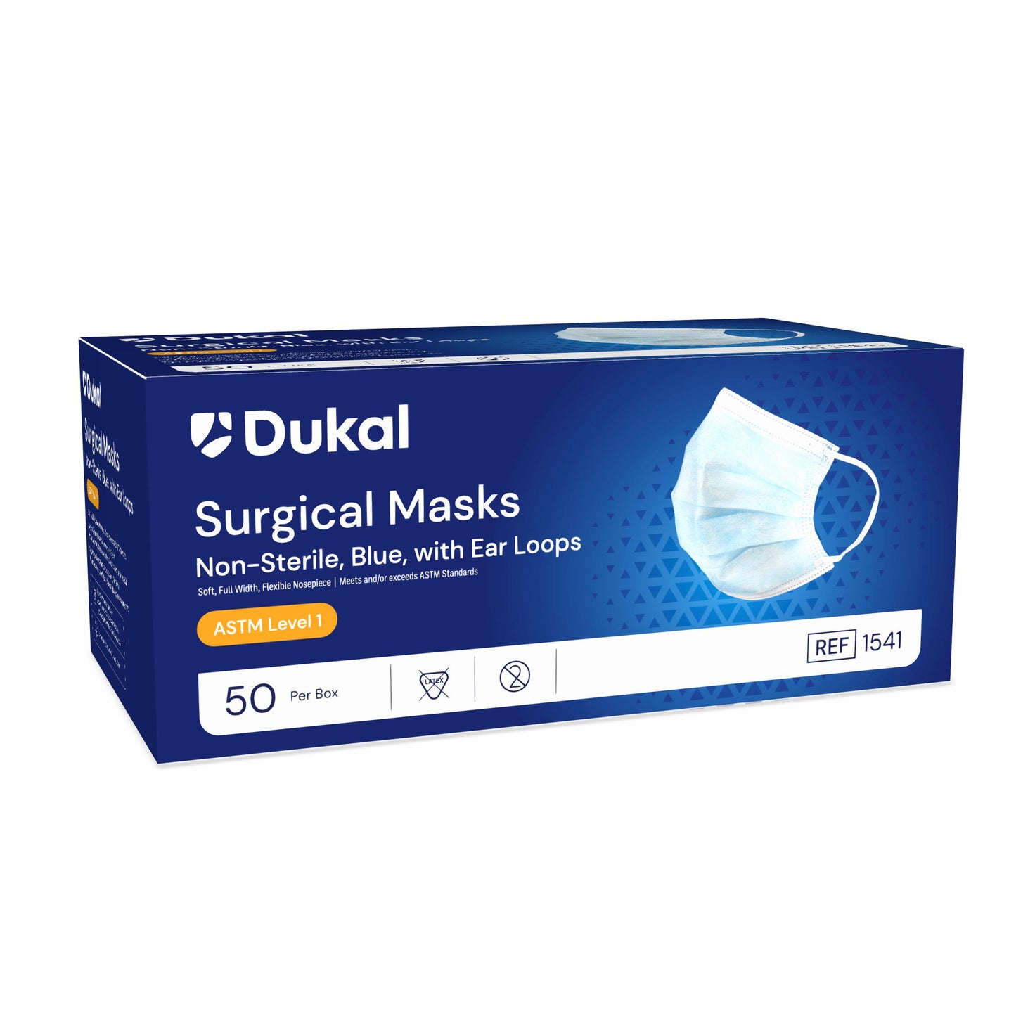 1541 - Dukal ASTM Level 1 Surgical Mask with Ear Loop, 3-Ply, Blue, 50/bx, 6 bx/cs