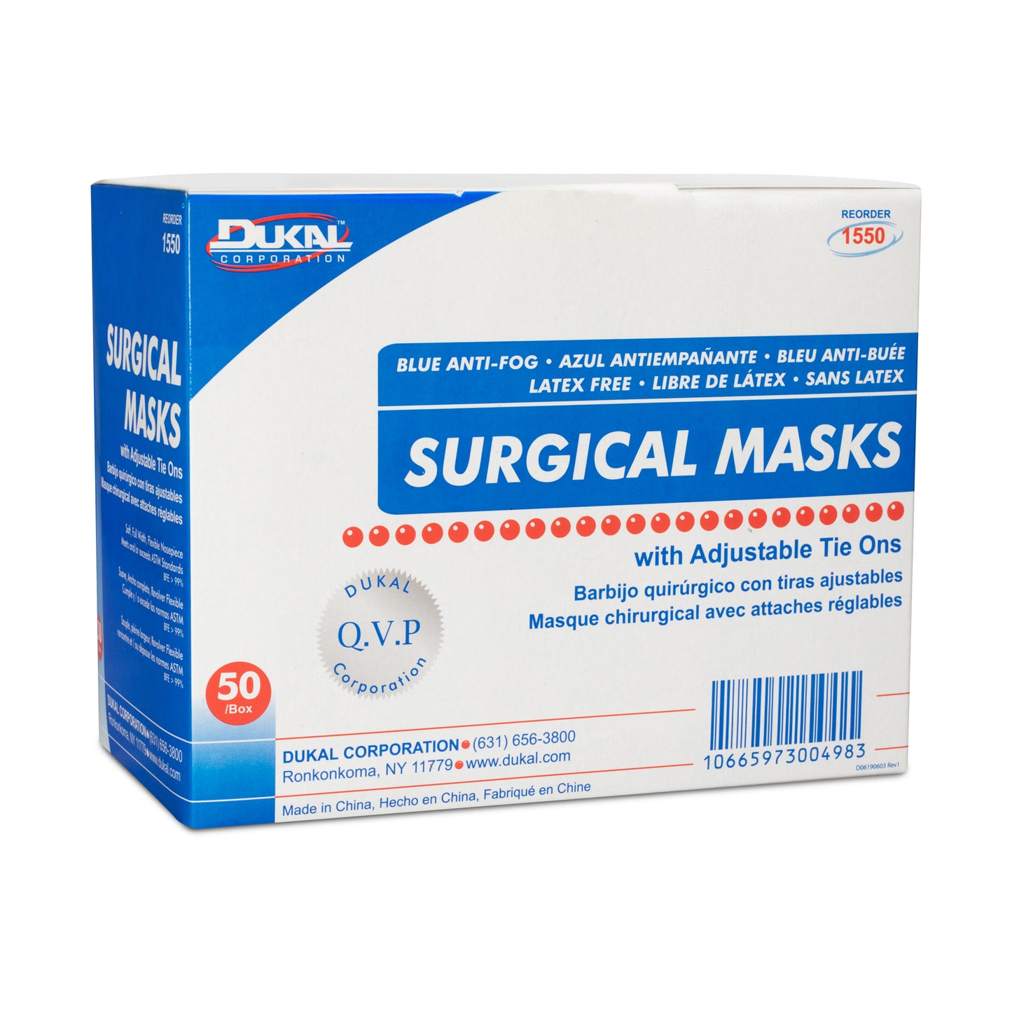 1550 - Dukal ASTM Level 1 Anti-Fog Surgical Mask with Tie-On, Blue, 3-Ply, 50/bx, 6 bx/cs