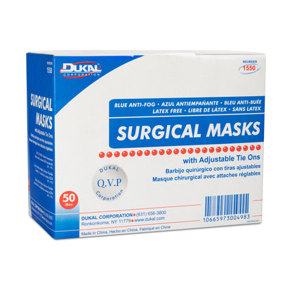 1550 - Dukal ASTM Level 1 Anti-Fog Surgical Mask with Tie-On, Blue, 3-Ply, 50/bx, 6 bx/cs