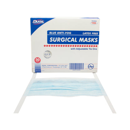 1550 - Dukal ASTM Level 1 Anti-Fog Surgical Mask with Tie-On, Blue, 3-Ply, 50/bx, 6 bx/cs