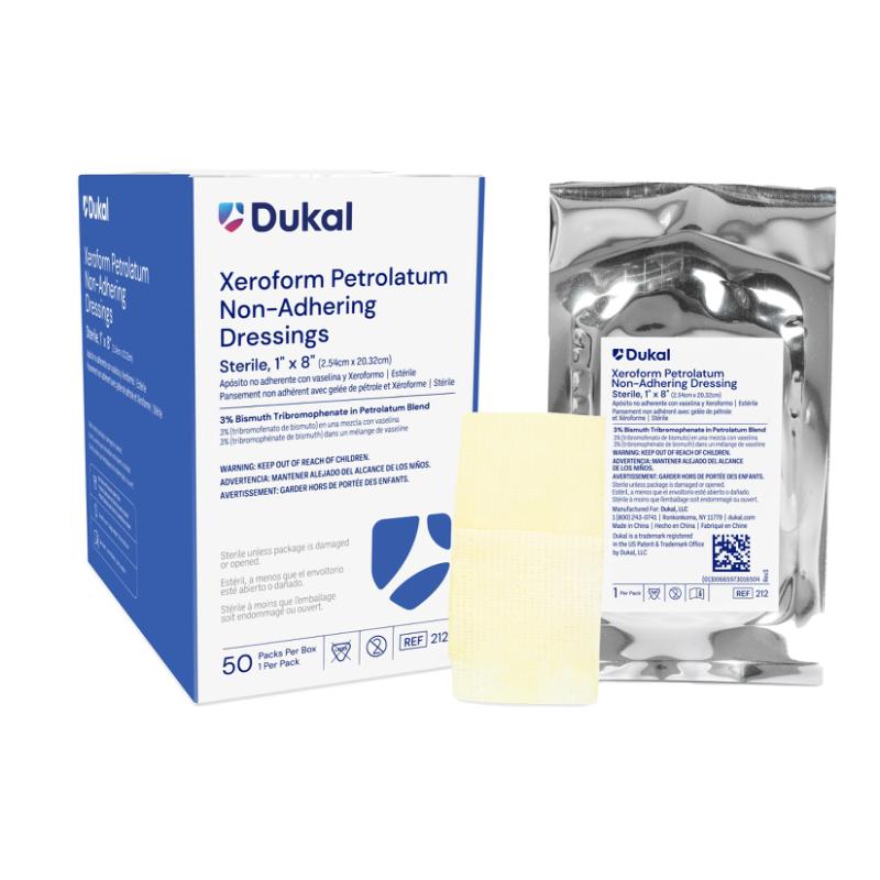 212 - Dukal® Sterile XEROFORM® Petrolatum Non-Adhering Dressings, 1" x 8", 1/pk, 50 pk/bx