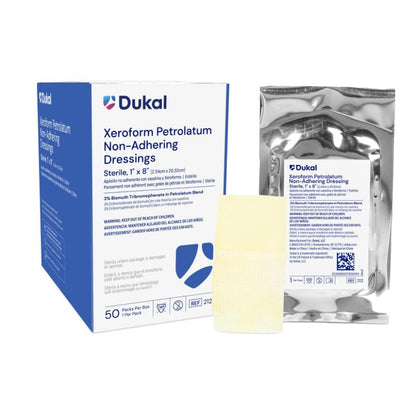 212 - Dukal® Sterile XEROFORM® Petrolatum Non-Adhering Dressings, 1" x 8", 1/pk, 50 pk/bx