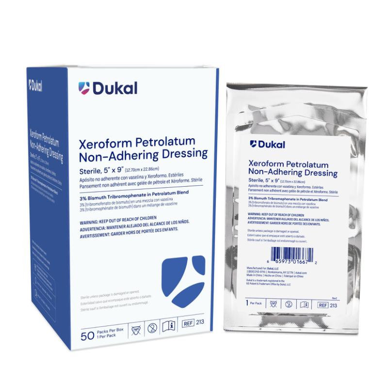 213 - Dukal® Sterile XEROFORM® Petrolatum Non-Adhering Dressings, 5" x 9", 1/pk, 50 pk/bx