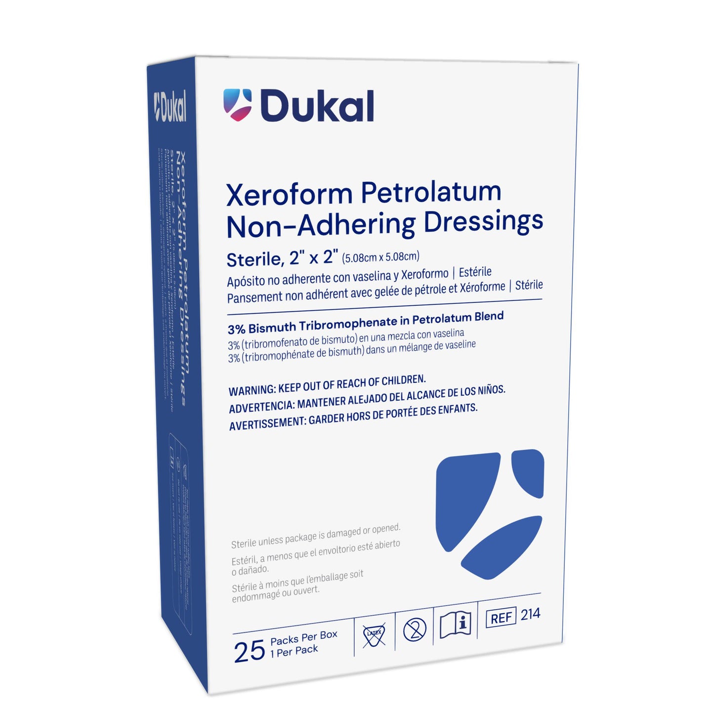 214 - Dukal® Sterile XEROFORM® Petrolatum Non-Adhering Dressings, 2" x 2", 1/pk, 25 pk/bx