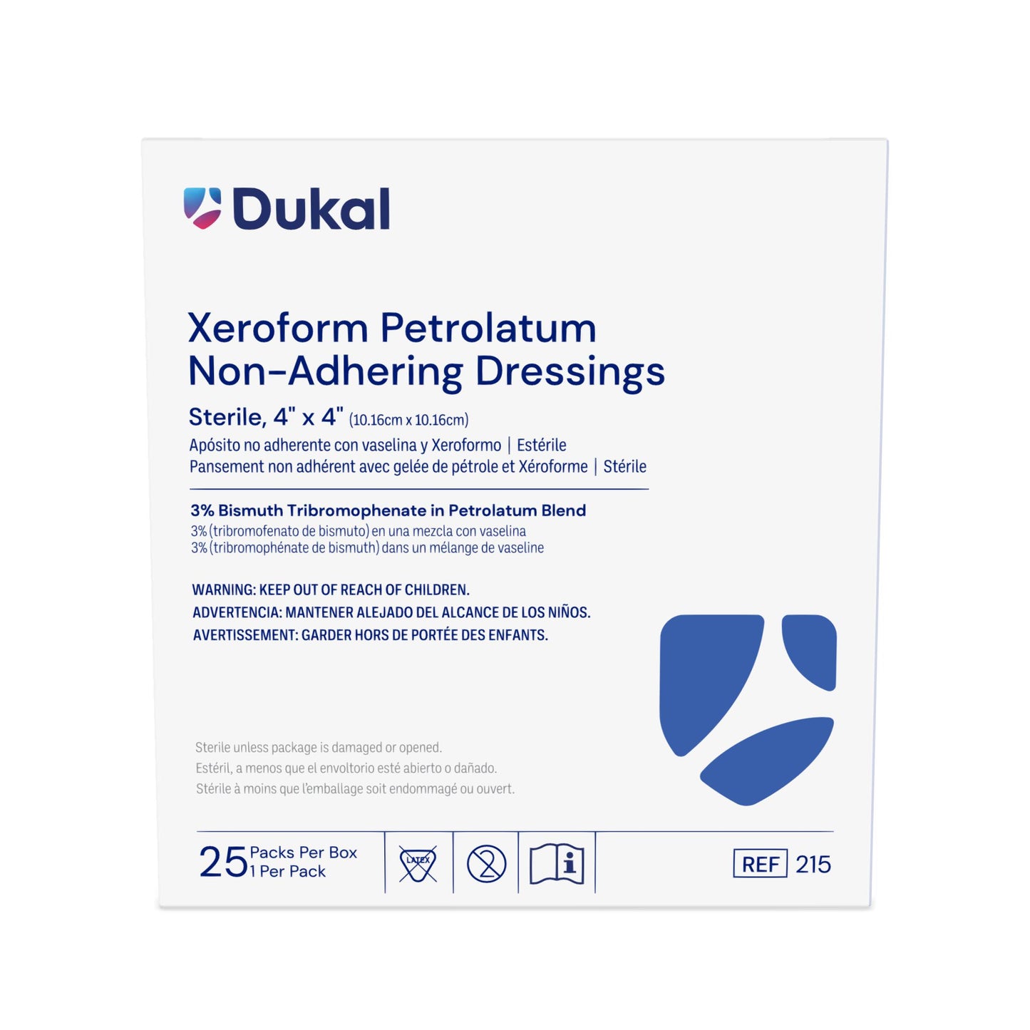 215 - Dukal® Sterile XEROFORM® Petrolatum Non-Adhering Dressings, 4" x 4", 1/pk, 25 pk/bx