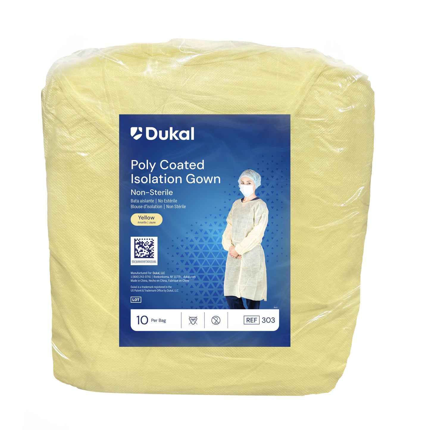 303 - Dukal Isolation Gown - Poly Coated, Impervious, Yellow, 10/bg, 5 bg/cs