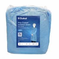 303BL - Dukal Isolation Gown - Poly Coated, Impervious, Blue, 10/bg, 5 bg/cs