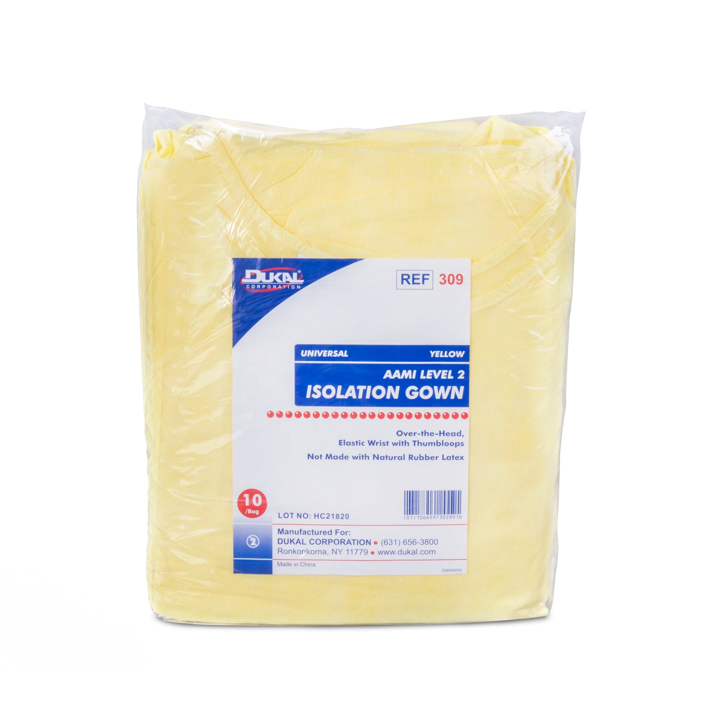 309 - Dukal AAMI Level 2 Isolation Gown - Over-the-Head, Universal Size, Yellow, 10/bg, 10 bg/cs
