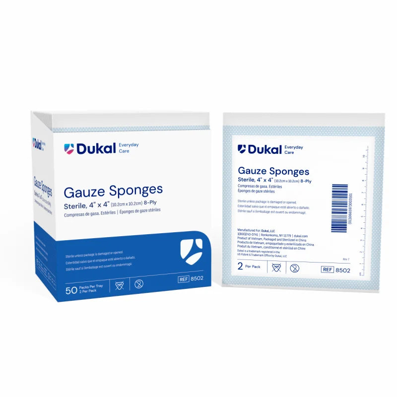 8502 - DUKAL® Everyday Care Sterile Gauze Sponges, 8-Ply, 4" x 4", 2/pk, 50 pk/bx, 12 bx/cs