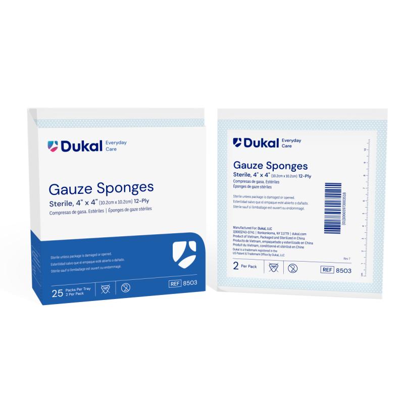 8503 - DUKAL® Everyday Care Sterile Gauze Sponges, 12-Ply, 4" x 4", 2/pk, 25 pk/bx, 24 bx/cs