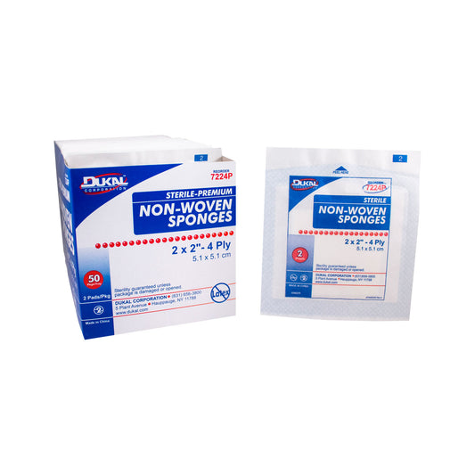 7224P - Dukal Caliber™ Gauze Sponges - Premium Non-Woven, Sterile, 2" x 2", 4-Ply, 2/pk, 50 pk/bx, 30 bx/cs