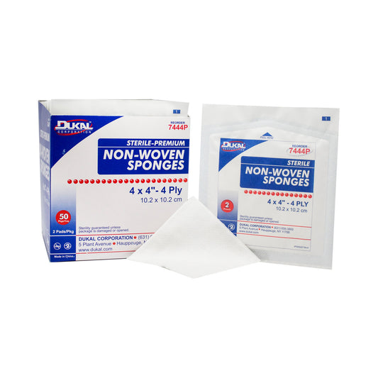 7444P - Dukal Caliber™ Gauze Sponges - Premium Non-Woven, Sterile, 4" x 4", 4-Ply, 2/pk, 50 pk/bx, 12 bx/cs
