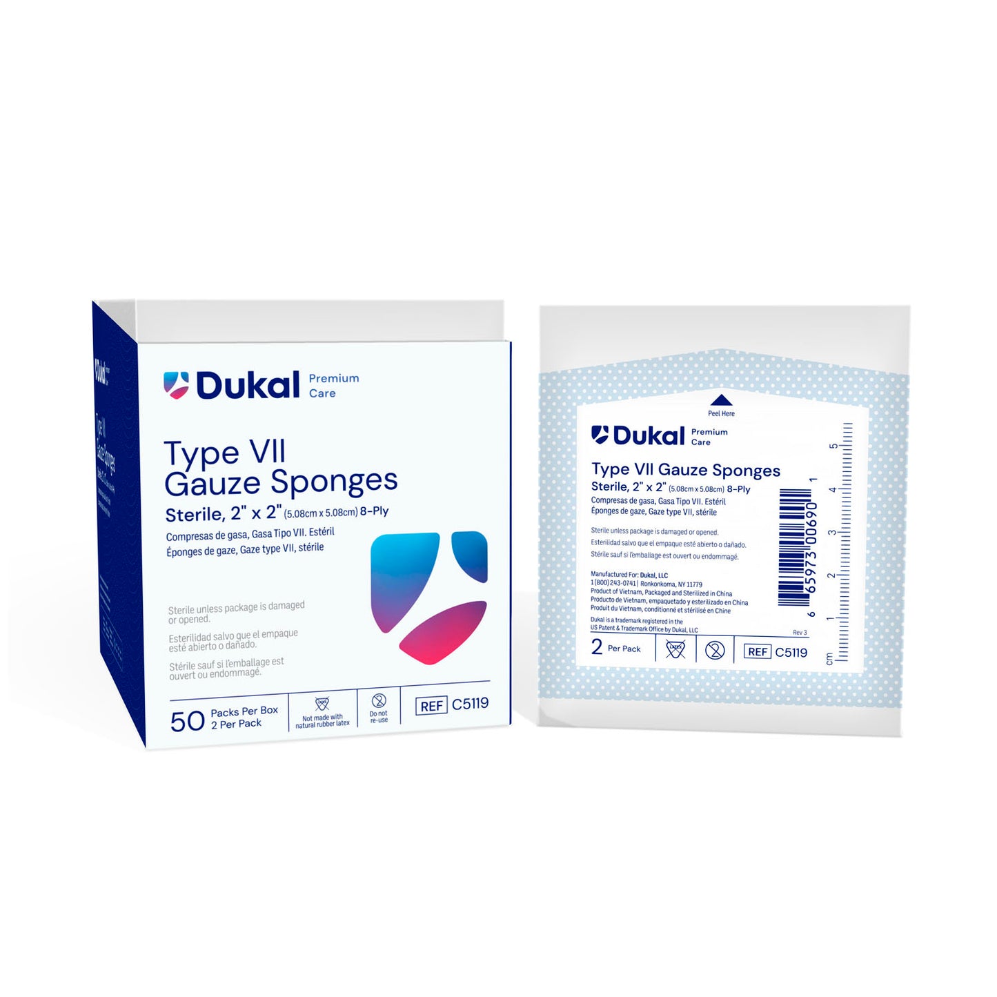 C5129 - Dukal Caliber™ Gauze Sponges - Type VII, Sterile, 3” x 3”, 12-Ply, 2/pk, 50 pk/bx, 24 bx/cs