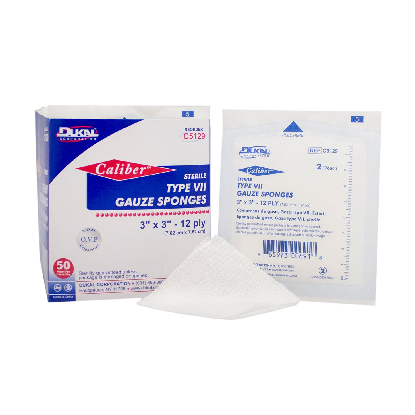 C5129 - Dukal Caliber™ Gauze Sponges - Type VII, Sterile, 3” x 3”, 12-Ply, 2/pk, 50 pk/bx, 24 bx/cs