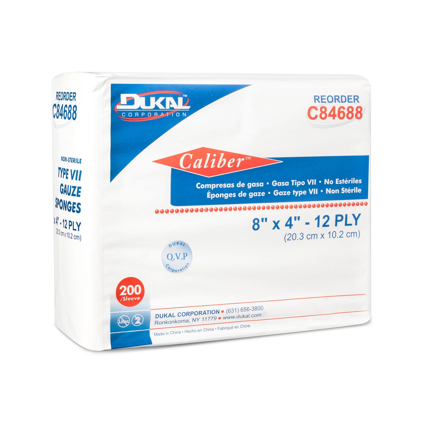 C84688 - Dukal Caliber™ Gauze Sponges - Type VII, Non-Sterile, 8" x 4", 12-Ply, 200/bg, 10 bg/cs