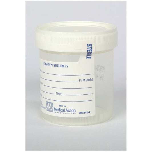 4938 - Medegen Gent-L-Kare® Specimen Container, 3 oz, Lid, White, Sterility Seal & Label, Graduated, 100/bg, 4 bg/cs