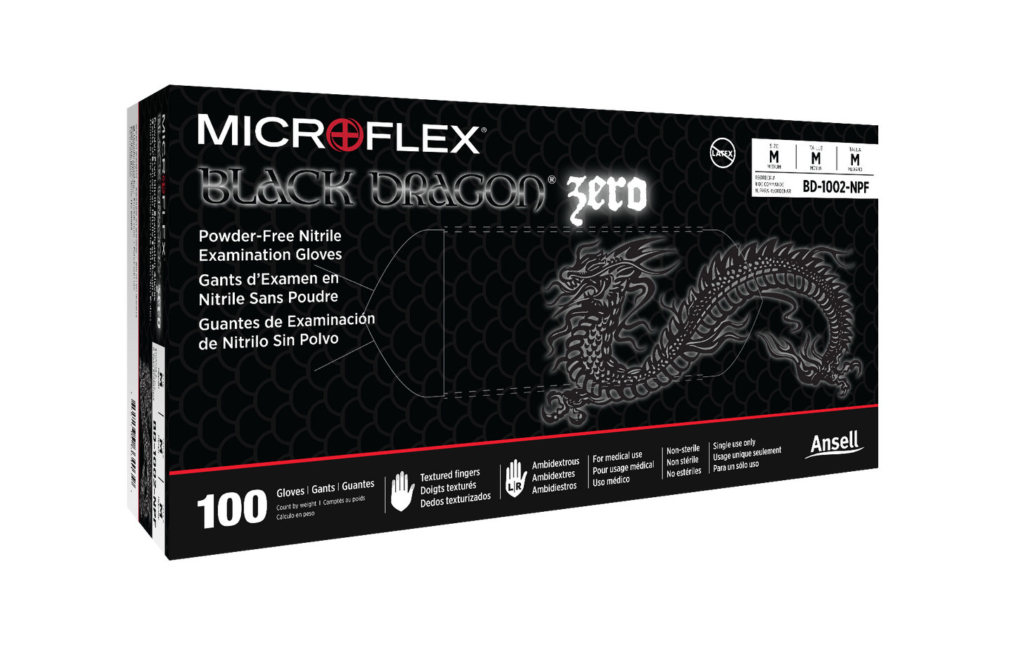 162517 - Ansell MICROFLEX® Black Dragon® Zero BD-100N - Medium (7.5-8.0), 100/bx, 10 bx/cs