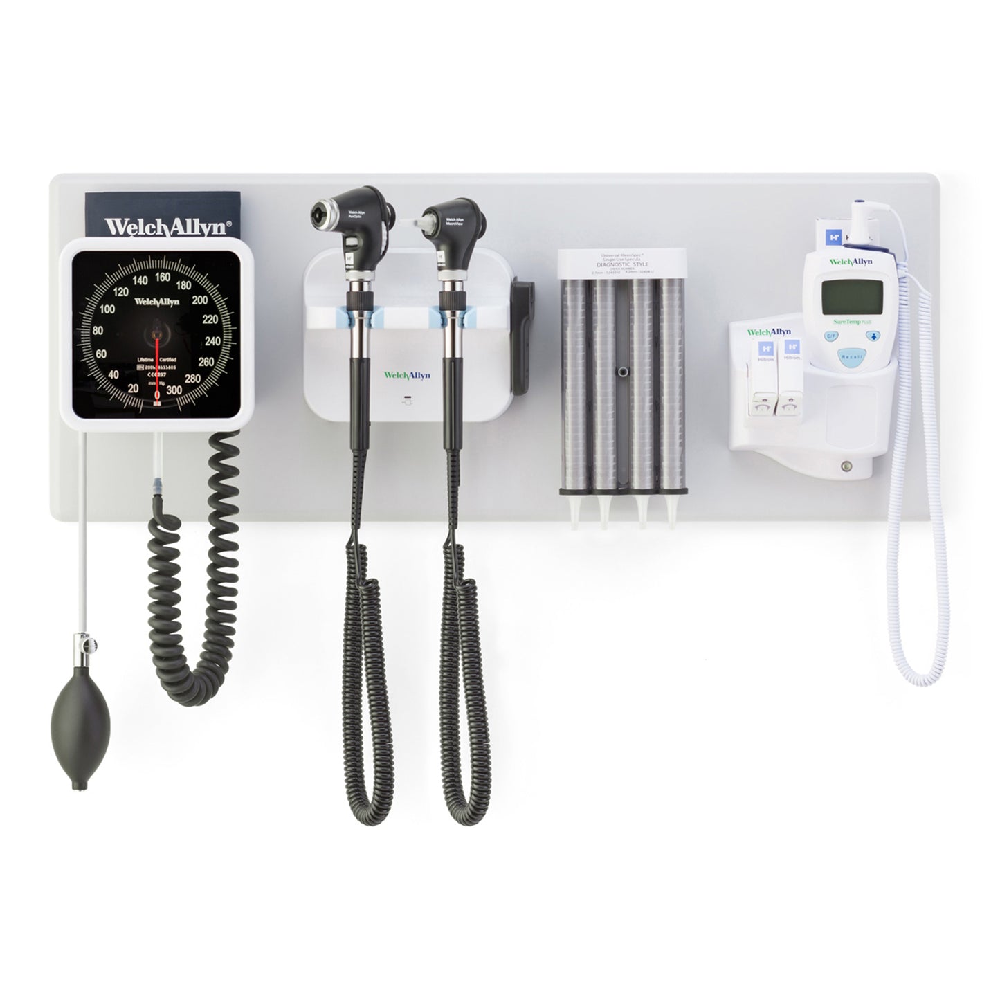 777-PM2WAS-US - Welch Allyn® Green Series™ 777 Integrated Wall System with Panoptic™ Basic LED Ophthalmoscope & MacroView™ Basic LED Otoscope, BP Aneroid, Ear Specula Dispenser, and SureTemp™ Plus Thermometer